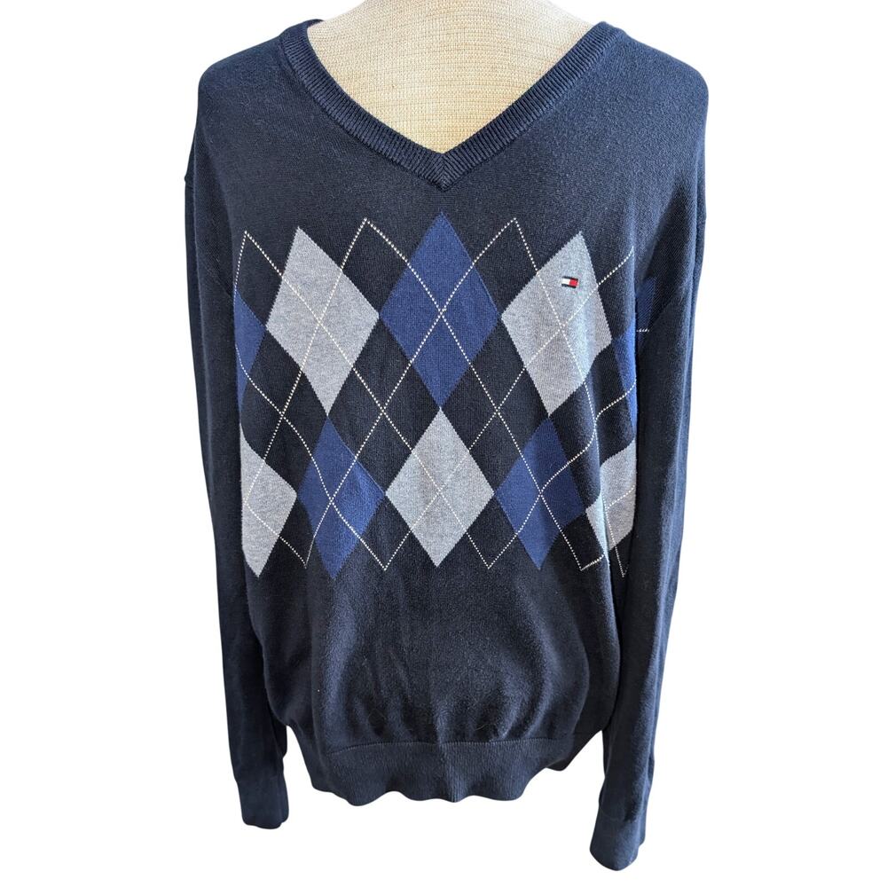 Mens Tommy Hilfiger 100% Cotton Argyle Sweater V-neck Blue Size Medium